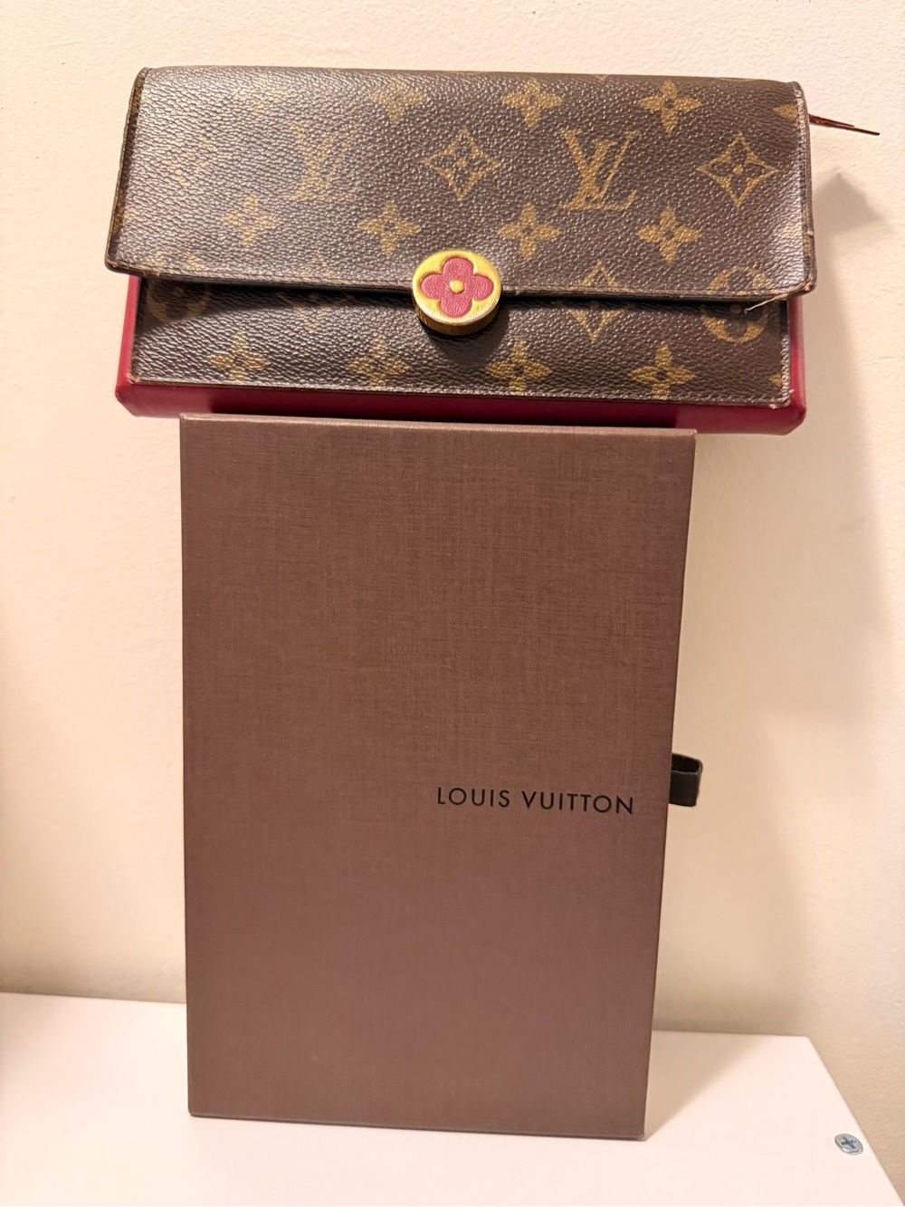 Louis Vuitton Monogram Zip Wallet in Brown with Red Trim
